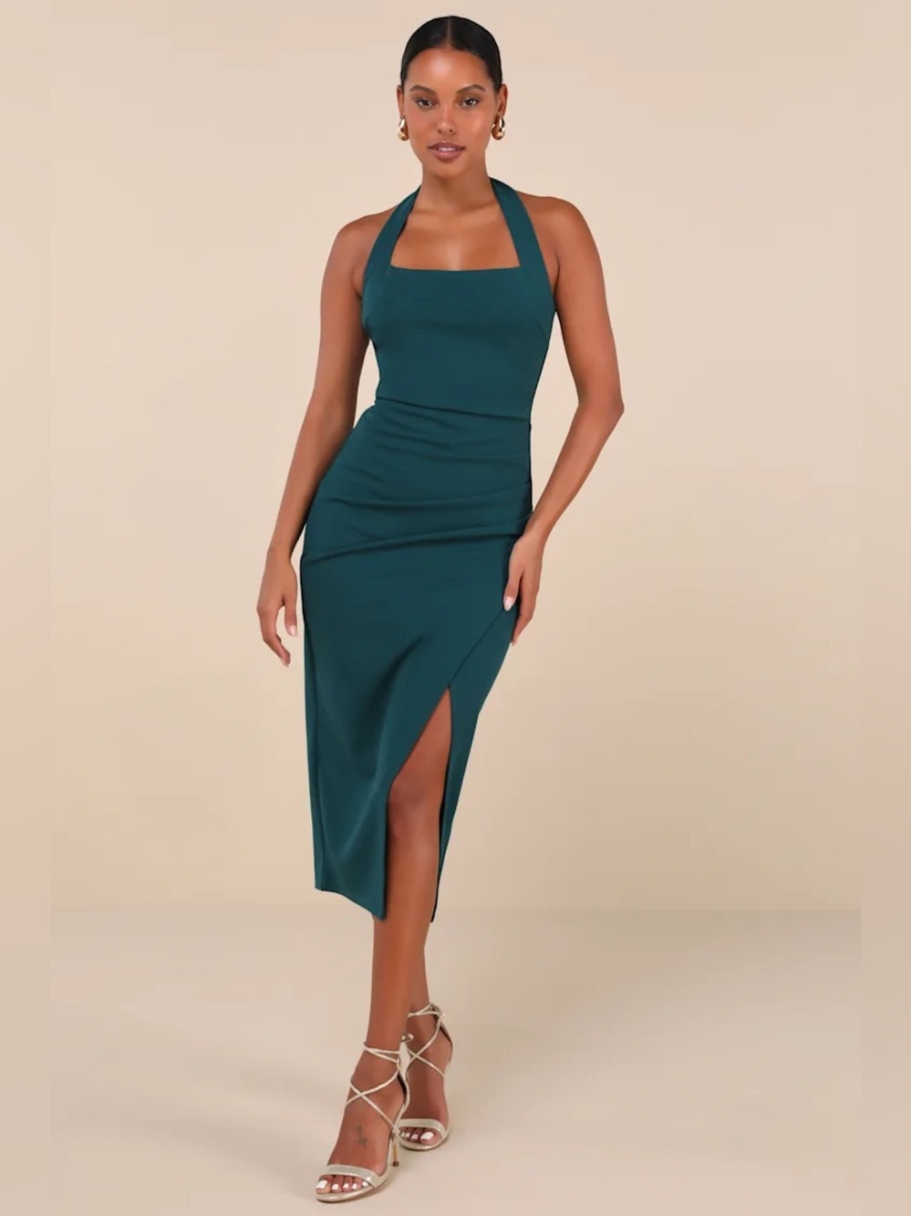 Lulus Prominent Charm Emerald Halter Bodycon Tulip Midi Dress Size XS NWT